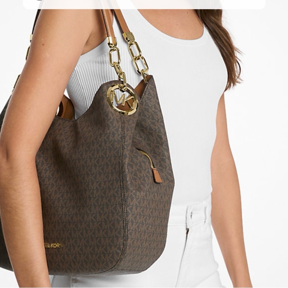 Michael Kors Lillie Large signature logo Brown Shoulder Bag with Gold Chains - Picture 3 of 8